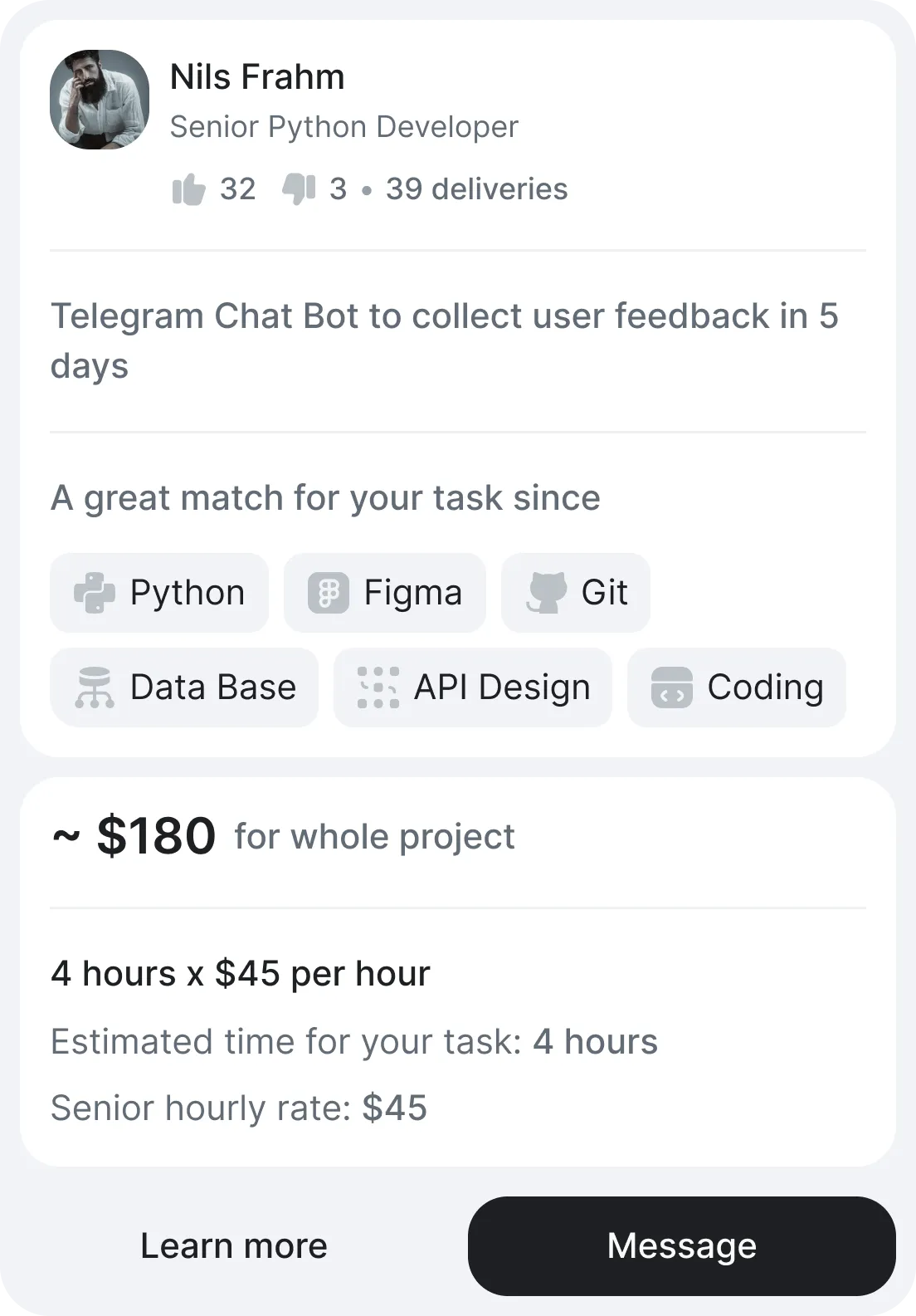 An AI-generated profile of a freelance Python developer